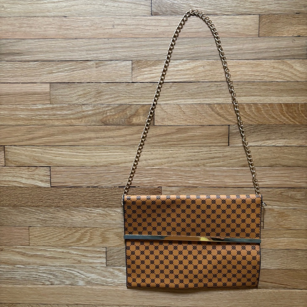 Tan, Brown,‎ And Gold Envelope Purse Classic Style Handbag Small Clover Pattern - Picture 2 of 8
